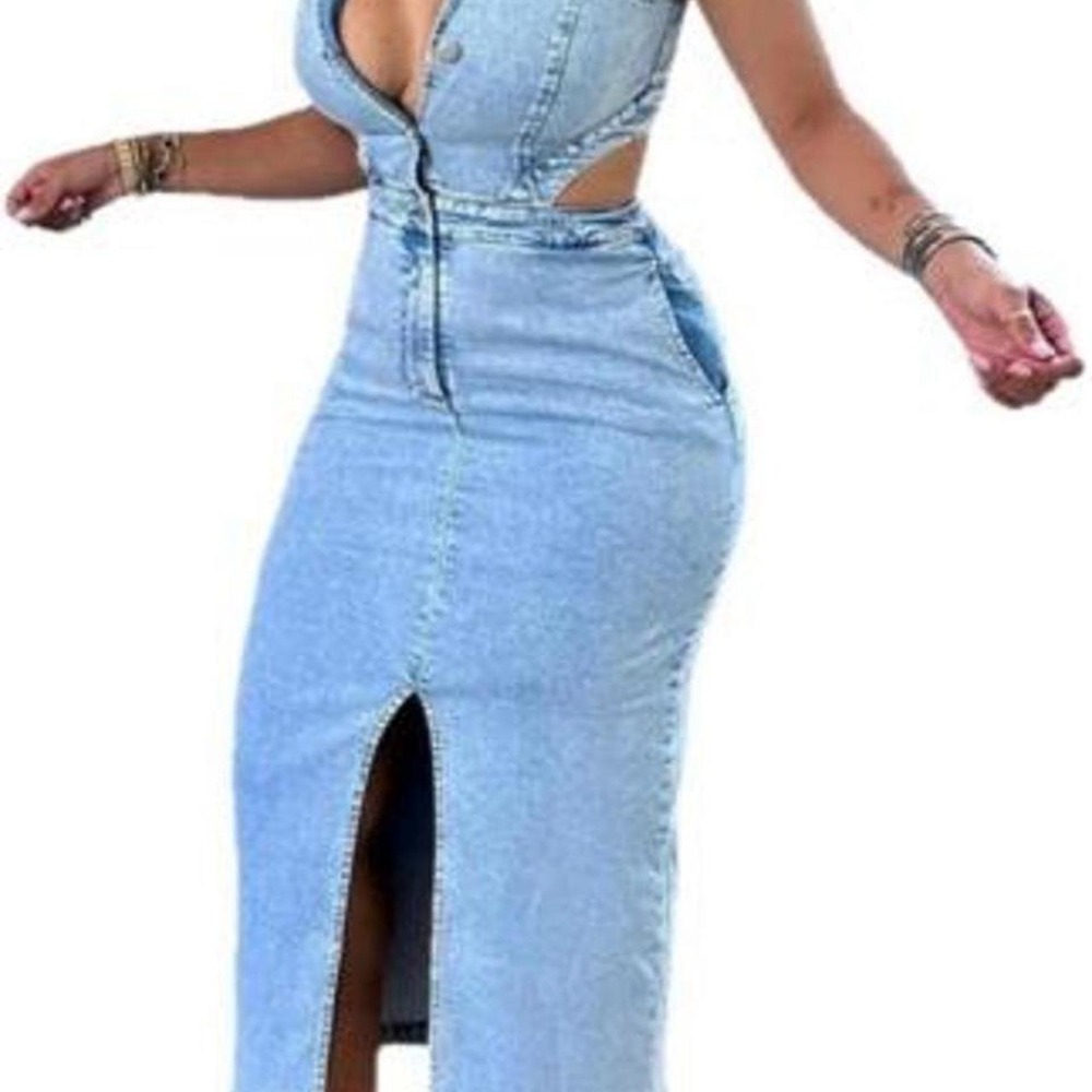 Women's Bodycon Denim Dress Sexy Sleeveless Slim Fit Slit Hem Maxi Jean Dress